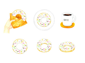 ホワイトチョコレートのドーナツのセット　スイーツ・お菓子の手描き水彩イラスト素材集