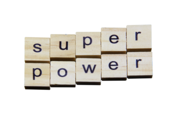 Short word english letter with text "super power" on a small wooden cubes block with white background.