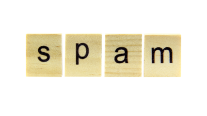 Short word english letter with text "spam" on a small wooden cubes block with white background.