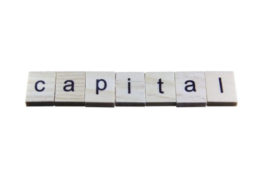 Short word english letter with text "capital" on a small wooden cubes block with white background. - Powered by Adobe