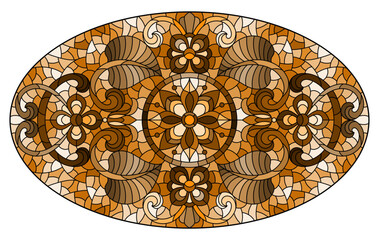 Illustration in stained glass style, round mirror image with floral ornaments and swirls,tone brown, oval image