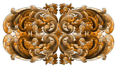 Illustration in the style of a stained glass window with an abstract floral element, the composition is isolated on a white background, tone brown