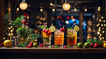 Three cocktails or lemonade with fruits and berries on the bar counter. Interior of a bar or cafe on background