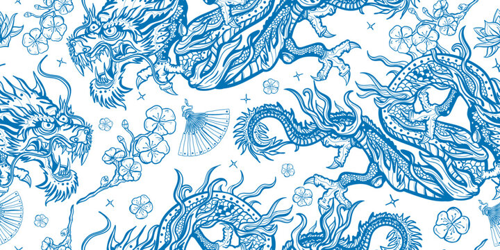 Chinese traditional blue ceramic background. Dragons seamless pattern. Asian travel background. Oriental art. Flying snakes and lotus flowers. Ancient China history and culture