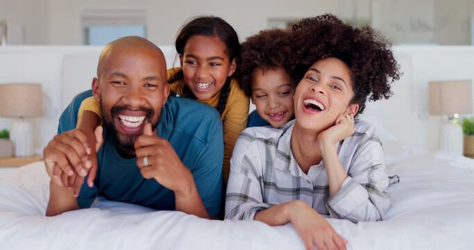 Face, happy family and children with parents in bedroom, funny laugh or bonding together. African mother, father and kids in bed to relax, smile in portrait or interracial love in the morning in home