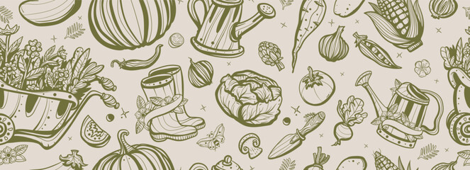 Garden elements and vegetables. Farm background of natural food. Old school tattoo vector seamless pattern. Scarecrow, watering can, garden cart, сabbage, pumpkin, beets, tomato, corn - obrazy, fototapety, plakaty