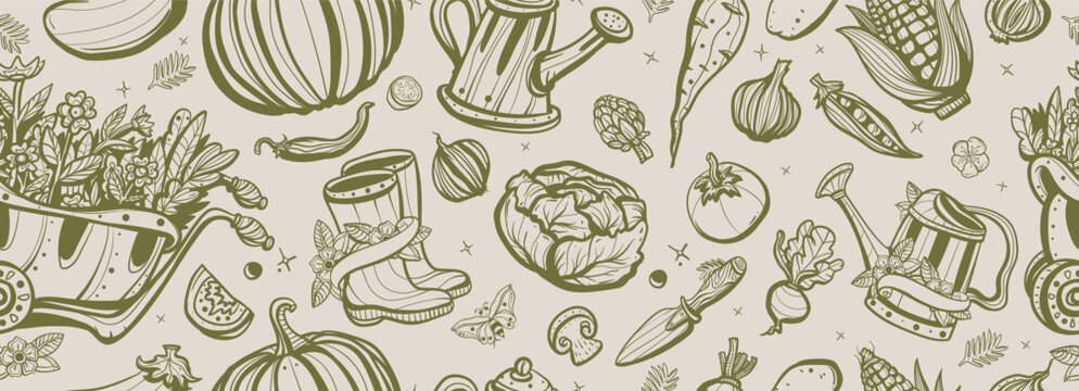 Garden elements and vegetables. Farm background of natural food. Old school tattoo vector seamless pattern. Scarecrow, watering can, garden cart, сabbage, pumpkin, beets, tomato, corn