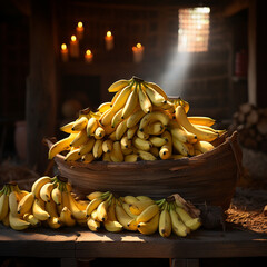Cesta de bananas sobre uma mesa de madeira em uma fazenda, em meio a uma paisagem rústica.