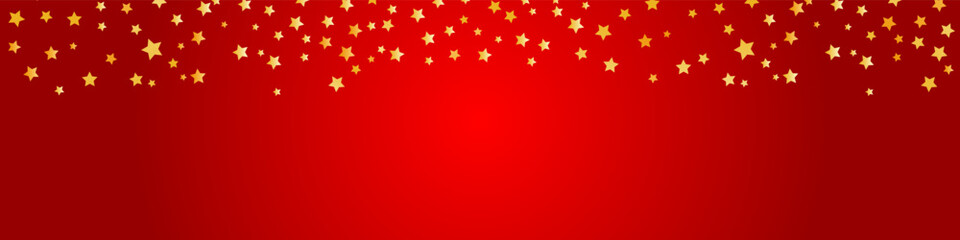Glitter golden stars frame on red background. Luxury elegant design elements. Gold stars random luxury sparkling confetti. Christmas texture. Vector illustration EPS 10