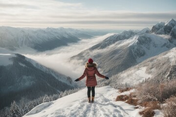 Fototapeta na wymiar Rear view of a woman on top of a mountain in winter.