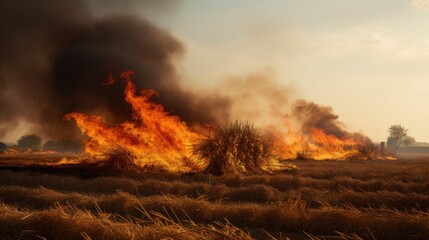 Fototapeta premium seasonal fieldwork with a captivating image of straw burning in a rural landscape.
