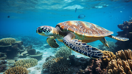 Turtle spotted on Great Barrier Reef With copy space