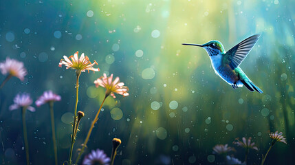 A solitary hummingbird suspended amidst a tranquil, dew-kissed morning meadow AI generative