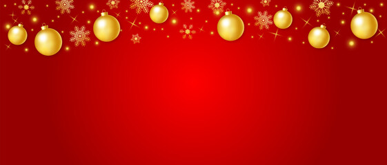 Christmas border with golden balls and snowflakes on a red background. Christmas banner with decorations. Vector EPS 10