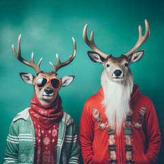 Portrait of two reindeers standing and wearing christmas clothes.
