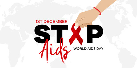 World AIDS Day Banner Background Illustration. World AIDS Day. Long horizontal banner with red ribbon, space for text and diverse people. Vector flat illustration 1 December
