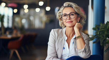 Business representative mature woman manager director boss 50, 60, 70 years old in suit sitting in office, cafe or coworking space, retirees returning back to work, elderly employees, Unretirement - obrazy, fototapety, plakaty