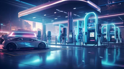 Foto op Plexiglas a digital city where avant-garde charging stations redefine urban aesthetics. Picture stylized electric cars connecting seamlessly, paving the way for a cleaner, more efficient future in mobility. © Pixel Pioneer