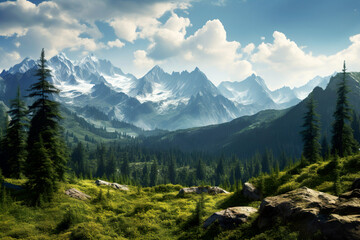 Obraz premium Mountain range with a blue sky. Generative Ai