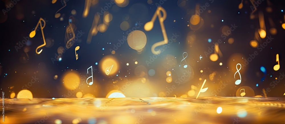 Poster musical notes and bokeh background symbolize a joyful life filled with music copy space image place 