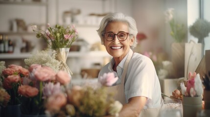 Mature woman manager director boss, business owner, 50, 60, 70 years old in small flower shop, works as florist, makes bouquets. Retirees returning back to work, elderly employees, Unretirement - obrazy, fototapety, plakaty