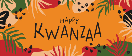Happy Kwanzaa abstract bright colorful horizontal long banner design with random organic shapes, palm leaves. Vector template for Kwanzaa African American Celebration in USA.act,