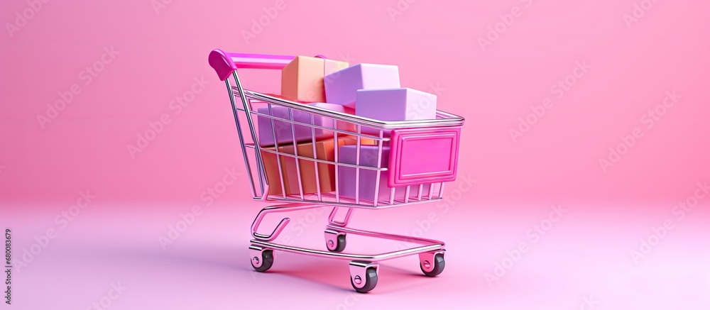 Poster online shopping concept with pink trolley and parcel package 3d illustration copy space image place 
