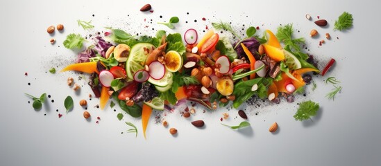 Nutritious plant based salad with rhubarb peppers herbs and nuts Copy space image Place for adding text or design