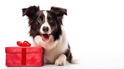 Puppy love delight: Embrace the charm of St. Valentine's Day with a funny portrait of a cute border collie holding a gift