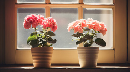Two potted flowers sitting on a window sill. Perfect