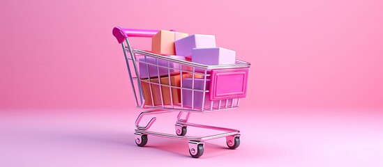 Online shopping concept with pink trolley and parcel package 3D illustration Copy space image Place for adding text or design