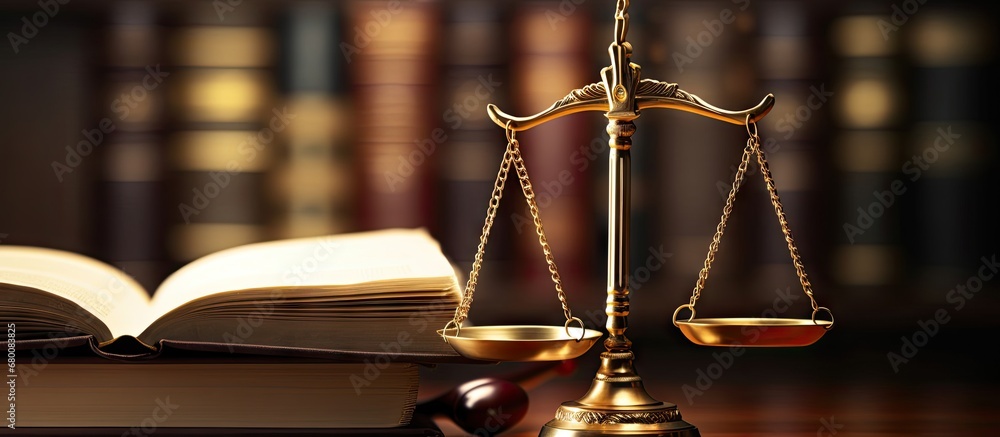 Poster legal concept image with backlit scales of justice and row of law books hazy lighting is suitable fo