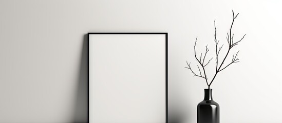 Minimalist black frame mockup with dry branch plant on white wall background perfect for art or...