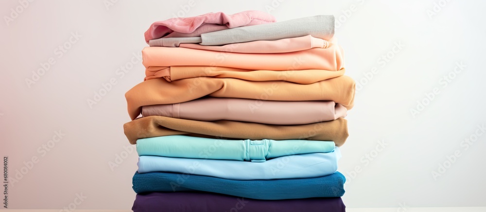 Poster neatly folded assortment of pastel shirts and sweaters on white background copy space image place fo