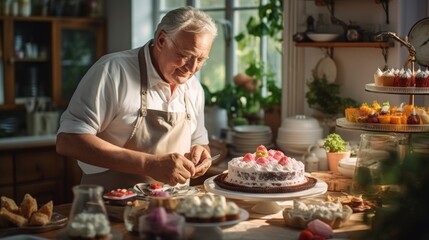 Mature man confectioner, small business owner, 50, 60, 70 years old, making cakes, pastries in home workshop in kitchen. Concept of retirees returning back to work, elderly employees, Unretirement - obrazy, fototapety, plakaty