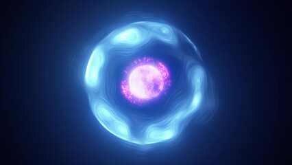 Abstract blue purple energy glowing digital sphere atom made of iridescent energy from moving electric plasma liquid on black background