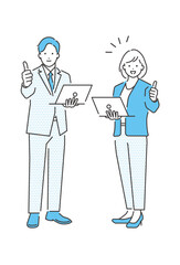 親指を立てていいね！をするビジネスマンとビジネスウーマンの全身のベクターイラスト素材