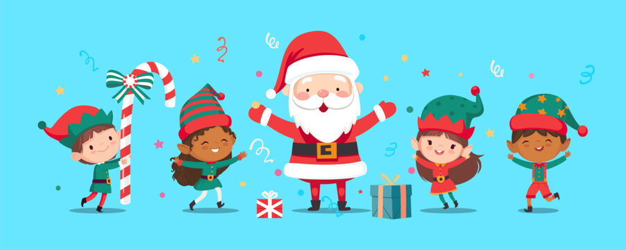 Illustration of Christmas elves and Santa Claus jump and dance joyfully. Set of little Santa's helpers with holiday gifts and decorations. Adorable cartoon characters. Flat vector illustration.