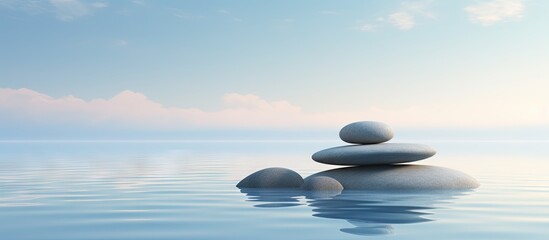 Fototapeta na wymiar Minimalist zen seascape wallpaper with tranquil water dark stones and a pastel blue sky in a 3D render Copy space image Place for adding text or design
