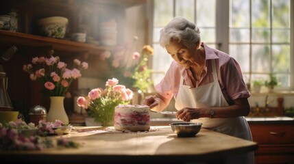Mature woman confectioner, small business owner, 50, 60, 70 years old, making cakes, pastries in home workshop in kitchen. Concept of retirees returning back to work, elderly employees, Unretirement - obrazy, fototapety, plakaty
