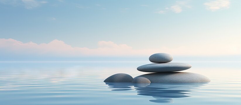 Minimalist zen seascape wallpaper with tranquil water dark stones and a pastel blue sky in a 3D render Copy space image Place for adding text or design