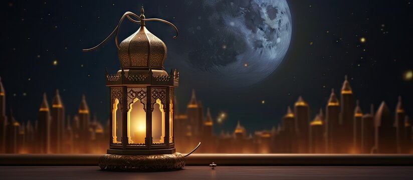 Luxurious Islamic background with Ramadan lantern crescent moon and podium Decor for various Islamic occasions 3D rendered Copy space image Place for adding text or design
