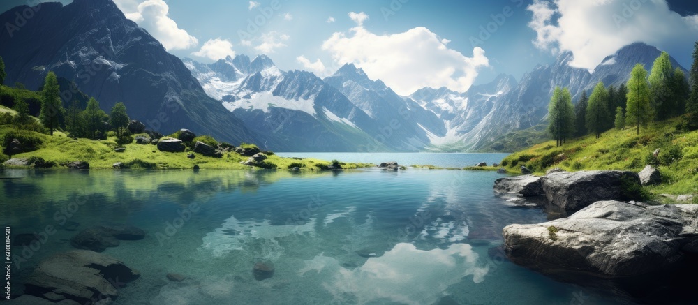 Poster mountain lake in high resolution wallpaper copy space image place for adding text or design