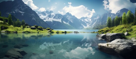 Mountain lake in high resolution wallpaper Copy space image Place for adding text or design