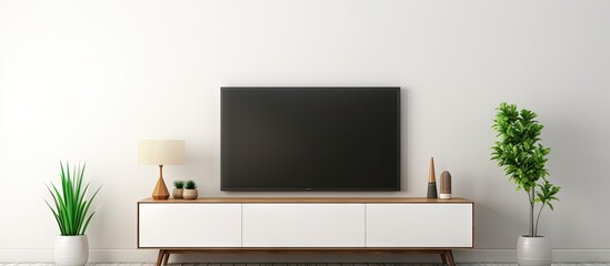 Modern 3D rendered living room with a TV cabinet on a white wall background Copy space image Place for adding text or design