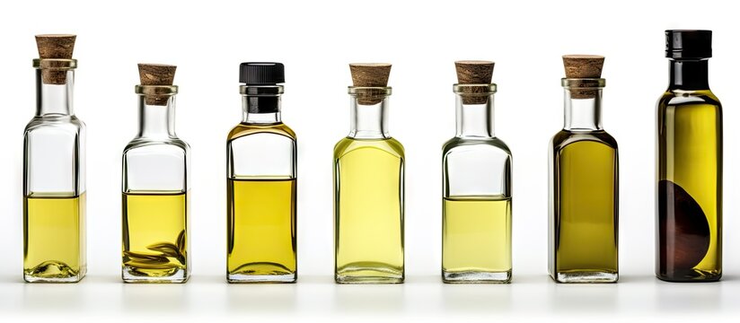Olive oil bottles on white background Copy space image Place for adding text or design