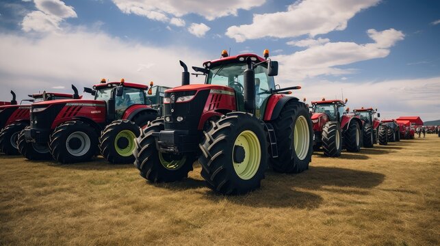 Farming excellence: A captivating image of an exhibition where new tractors are lined up in a precise row, showcasing the latest advancements in agricultural technology.