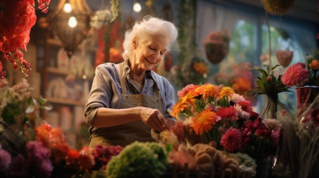 Mature woman business owner, 50, 60, 70 years old in a small flower shop market, works as a florist, makes bouquets. Concept of retirees returning back to work, elderly employees, Unretirement