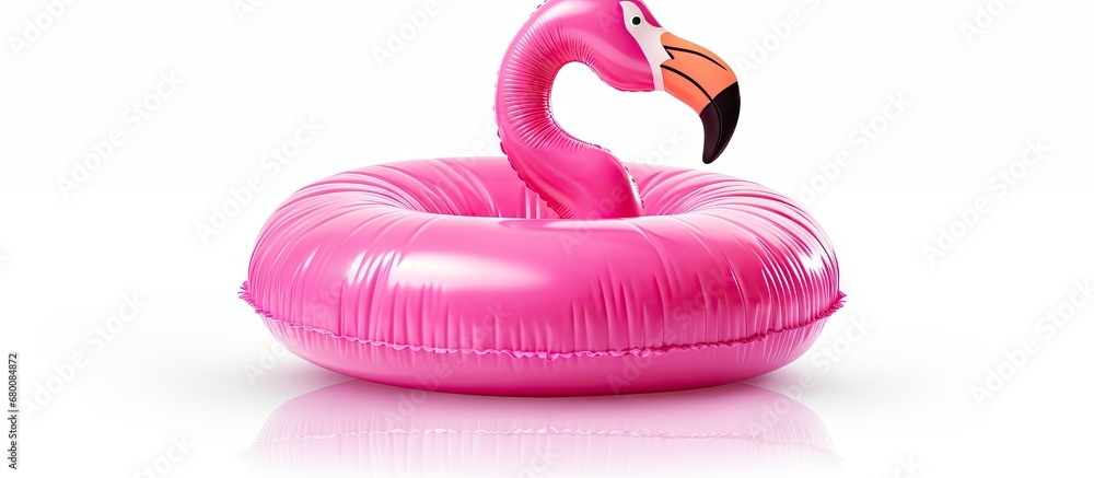 Poster luxurious travel with a white background and a pink inflatable flamingo copy space image place for a