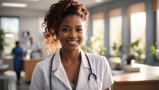 Portrait of female African doctor standing in hospital. Smirking. Image created using artificial intelligence.